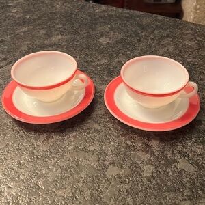 Pyrex Set of 2 Cups and Saucers Red Rim Milk Glass 8oz